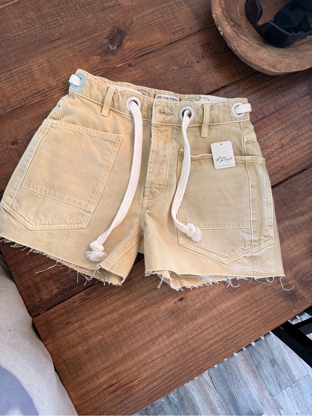 We The Free Light Cream Rope-Waist Denim Shorts